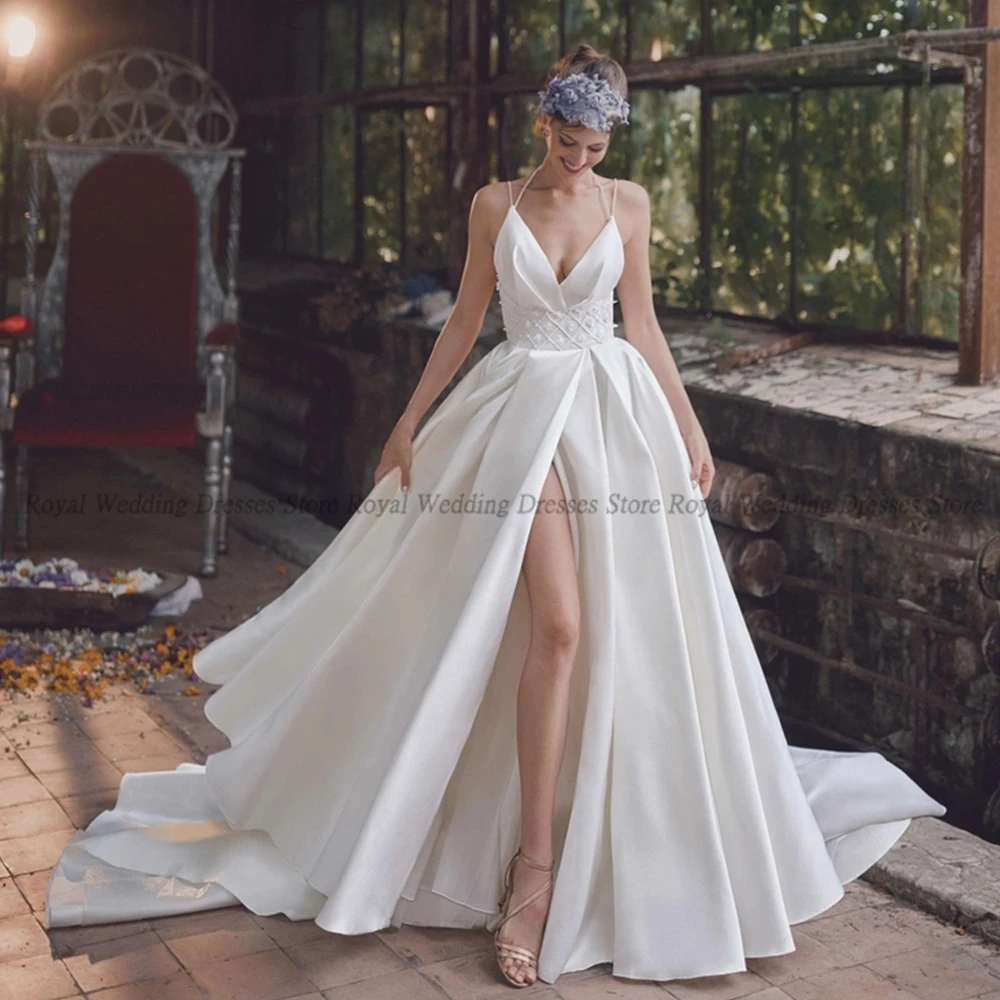 

High Quality A Line Wedding Dresses Spaghetti Draped Criss-Cross V Neck High Slit Open Back 2022 Floor Length Gowns Robe De Ma