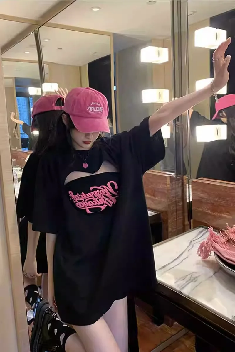 

Hotsweet Y2K Heart Hollow Out Summer Tshirts Half Sleeve Black Sets Women Loose O Neck Camisetas Tanks Tops Two Piece Korean