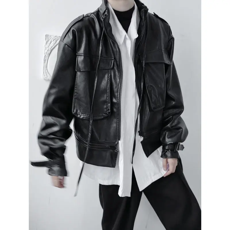 Fall Fried Street Korean Streetwear Coat Removable Hem PU Leather Jackets Niche Dark Women Zipper Motorcycle Steampunk Outwear
