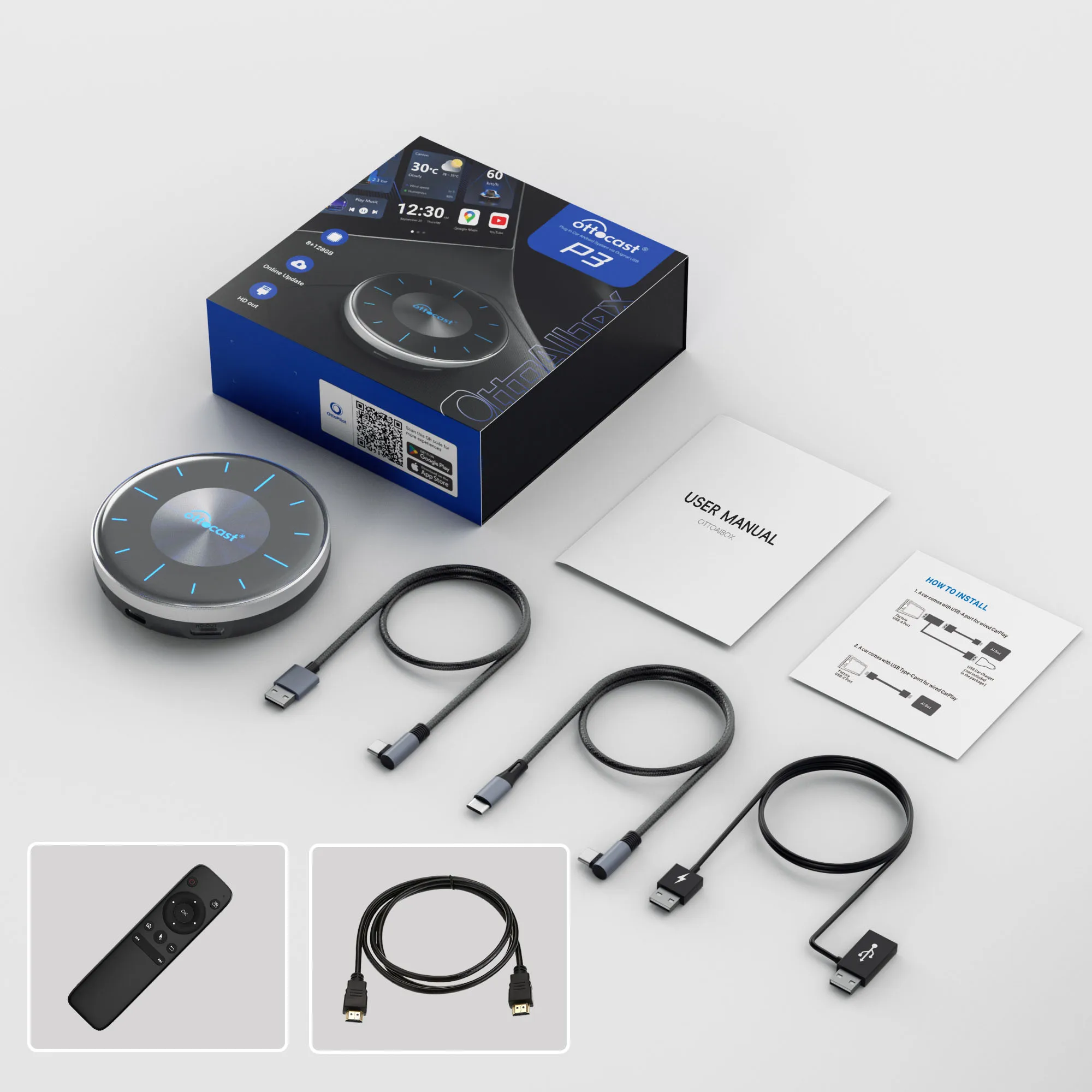 

OTTOCAST OttoAibox P3 CarPlay AI Box Беспроводная Android Auto Smart TV Box Поддержка выхода HDMI Автомобильные аксессуары для Benz VW Audi