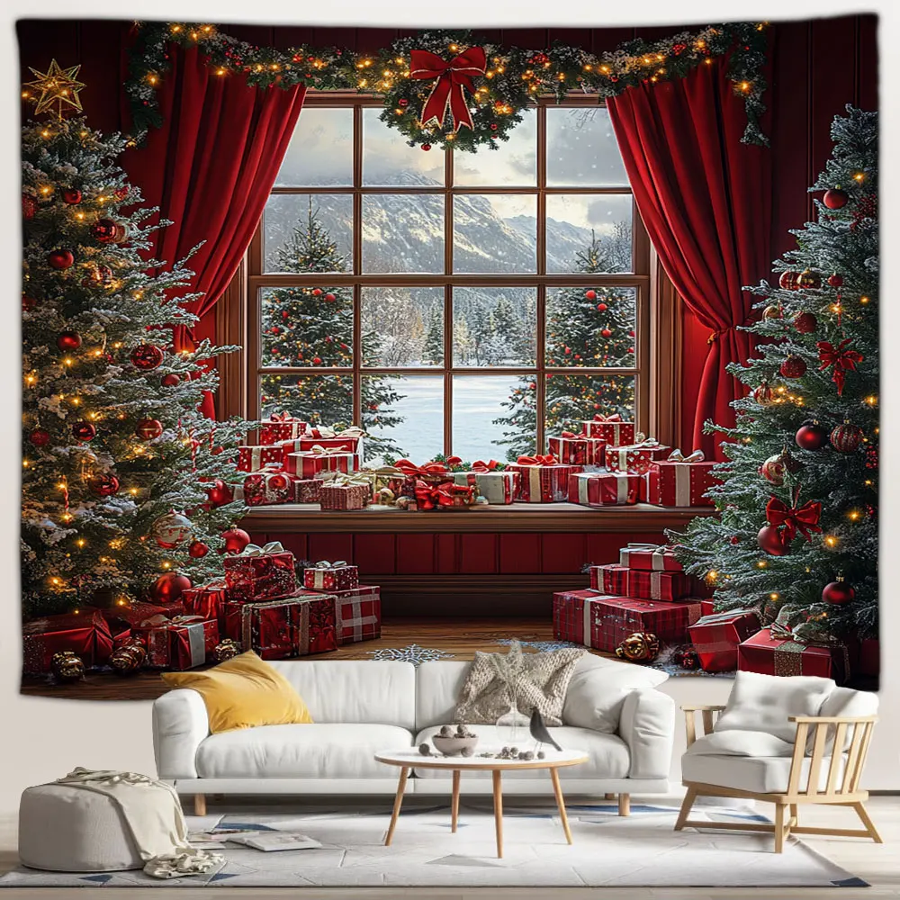 Рождественский гобелен красная занавеска рождественские елки наружное окно