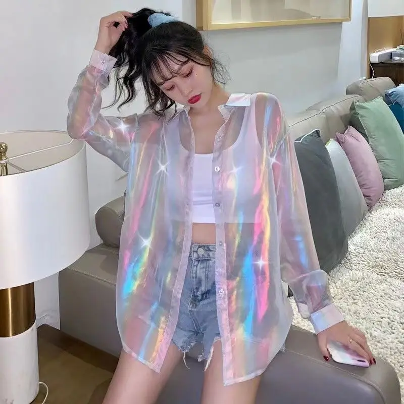 

Rainbow Shiny Chiffon Shirt Sun Protection Shirt Loose Long Sleeve Cardigan Women's Thin Coat Casual Top Women Shirts Wholesale