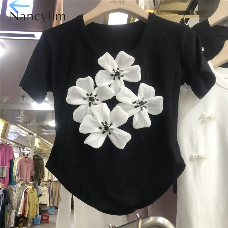 

Beaded Three-Dimensional Pullover T-shirt for Women 2022 Summer New Slim Fit Short Sleeve Bottoming Top Ladies Tee White Black