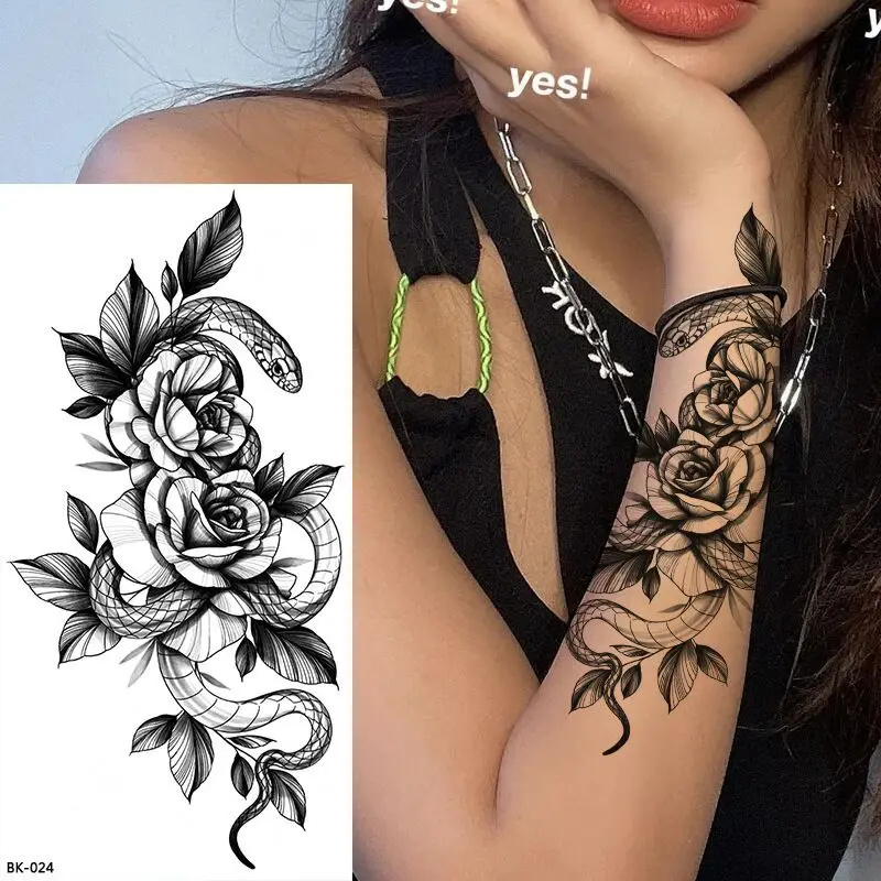 Sketch Sexy Flower Temporary Tattoo Women Body Art Painting Arm Leg Tattoo Sticker Realistic Fake Black Rose Waterproof Tattoo images - 6