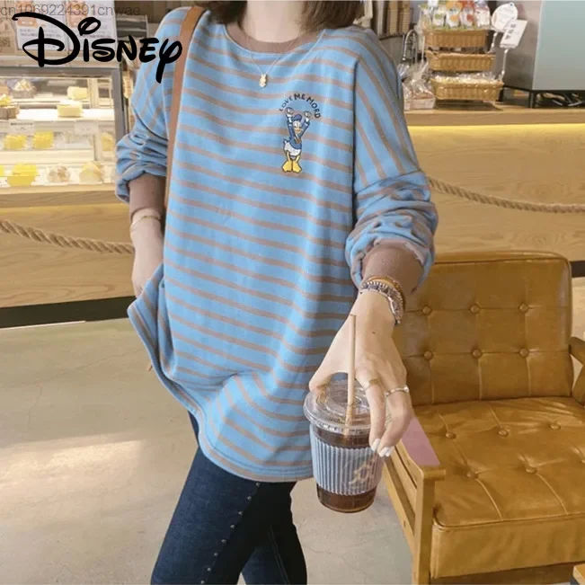 

Disney Donald Duck Striped Long Sleeve Shirt Female Autumn Fall New Cartoon Front And Back Embroidery Aesthetic Top 90s Trendch