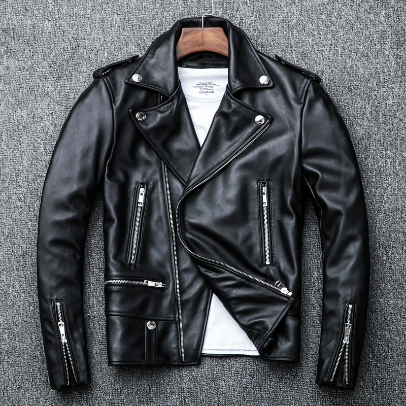 

Spring Classical Perfecto Jacket Genuine Leather Motorcycle Jackets Men New Zealand Sheepskin Men Black Coat Slim Suit