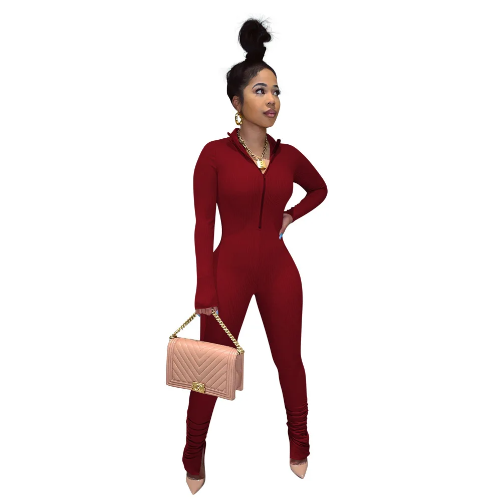 New Fashion Solid Casual Zippered Leg Split Women Jumpsuit Sexy Bodycon Fitness Overalls Sports Jumpsuit Club Outfits for Women