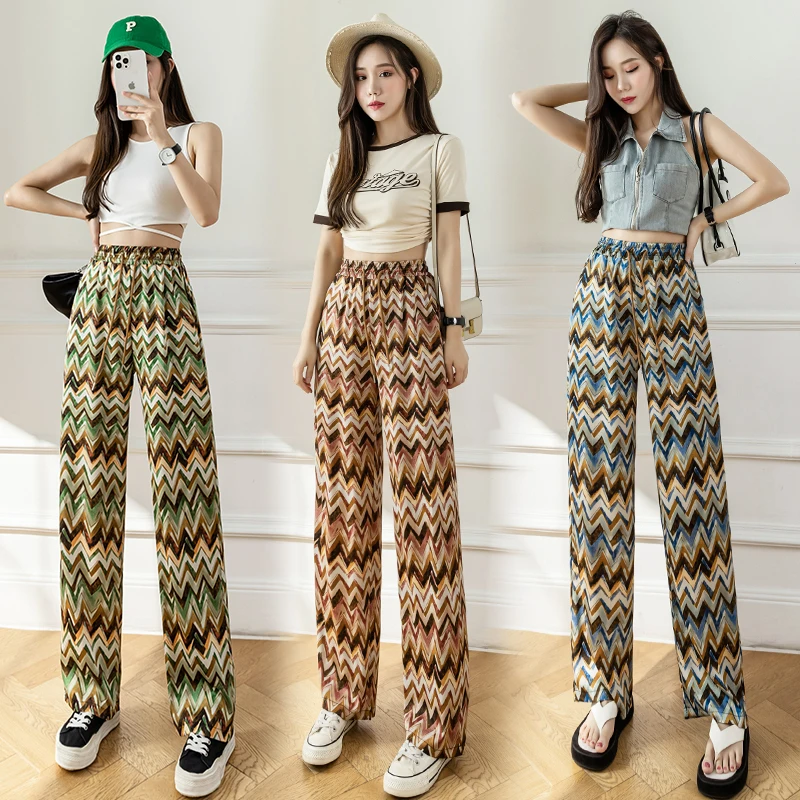 New Woman Wave Printing Wide Leg Trousers Korean Fashion Drawstring Sweatpants Casual Popular Joggers Women Pants Dropshipping