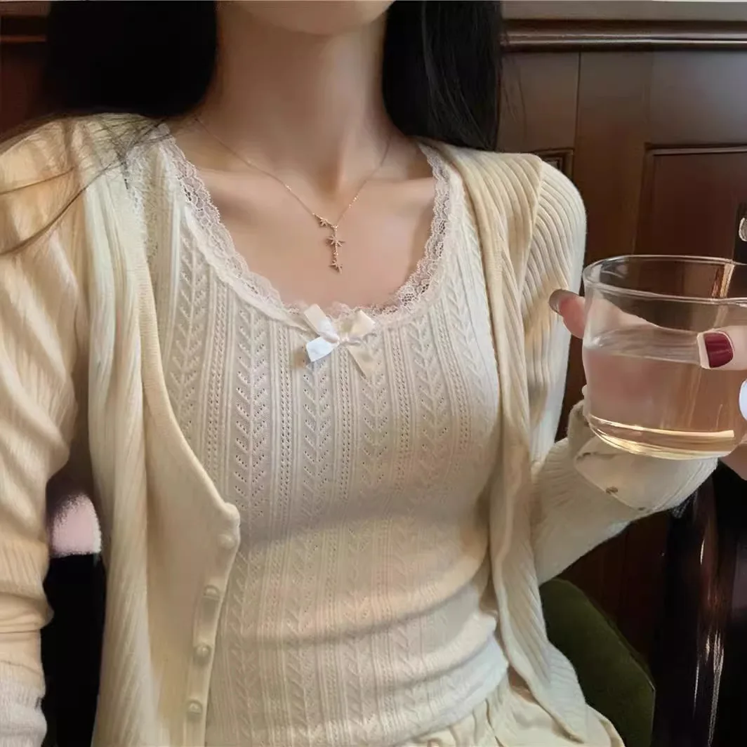 Белый кружевной вязаный крючком жилет с бантом