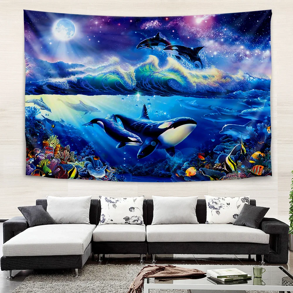 

Подводный мир луна, морская рыба, дельфин, гобелен, настенный кавайный детский бохо, хиппи, эстетическая комната, искусство, морские животны...