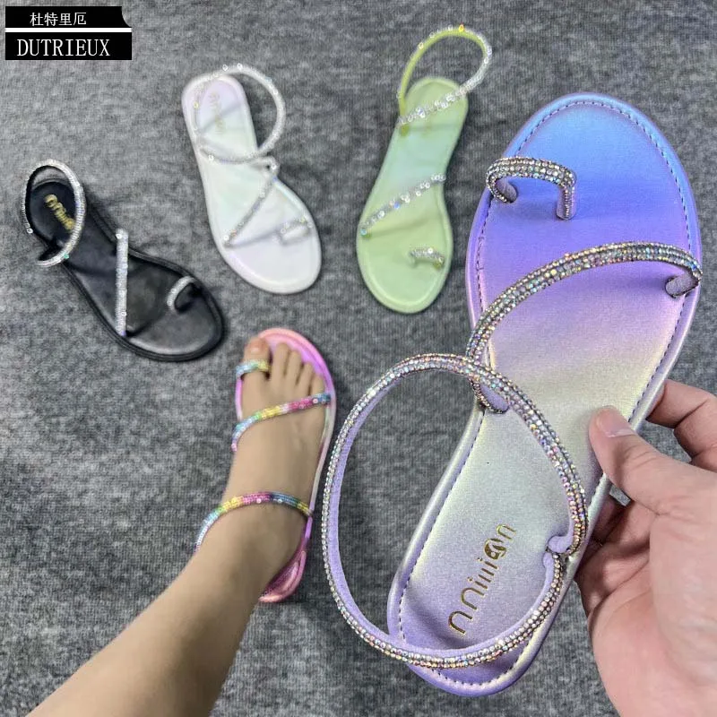 Luxury Slippers Sandals Ladies Women Flip Flops Flats Summer New Rhinestones Outside Casual Gladiator Slides 2023 Female Shoes