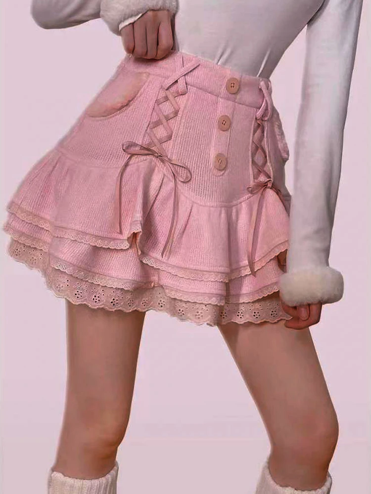

Новая Винтажная милая розовая мини-юбка в стиле "Лолита" с кружевной отделкой и высокой талией, Женская плиссированная Двухслойная юбка в Корейском стиле Харадзюку с завязкой