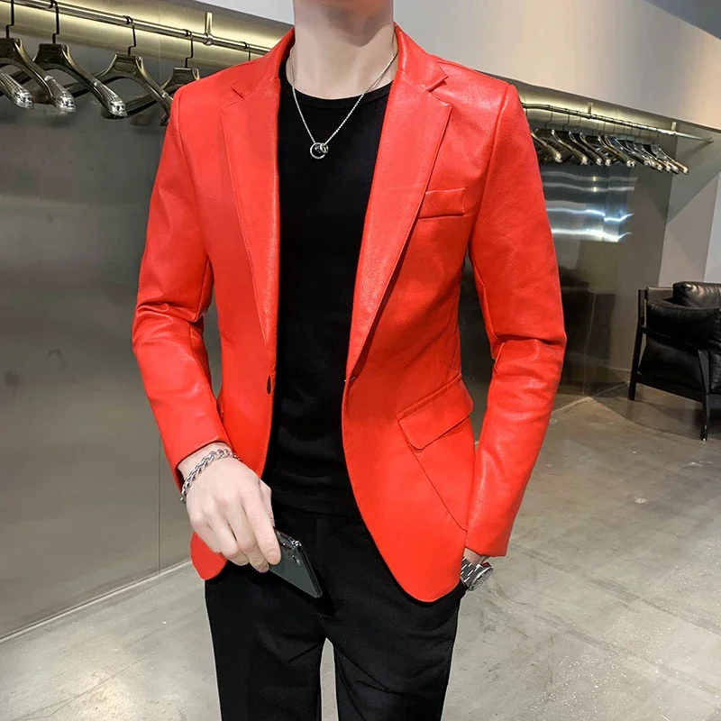 

Mens Faux Leather Suit Jacket Men Korean Clothing One Button Casual Slim Fit Blazer White Black Red Singer Stage Blezer Coat