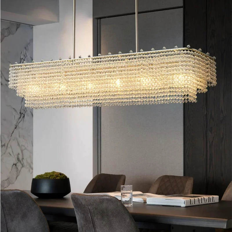 

Matte Silver E14 Modern rectangle Crystal chandelier dining room hanging light fixture kitchen island lustre cristal LED lamp