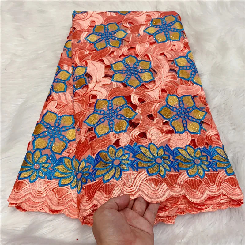 

Швейцарская Кружевная Ткань 5 ярдов, новейшая тяжелая африканская вышивка бисером, 100% хлопчатобумажная ткань, швейцарская вуаль, кружево, п...