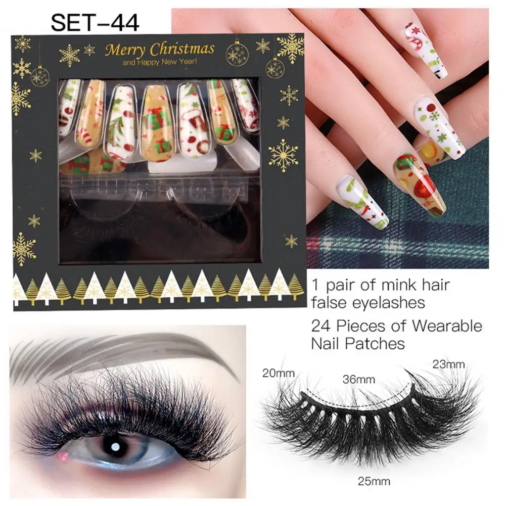 

False Eyelashes 1 Set Delicate Curly Thick Simulation Lashes Christmas Pattern False Nails Kit for Holiday