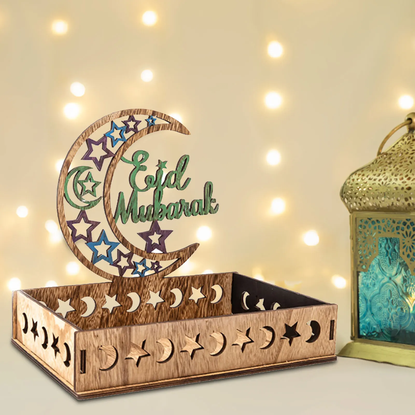 

Wood Ramadan Cake Plate Food Serving Tray Islam Muslim Eid Al Fitr Dessert Pastry Display Plate Moon Star Eid Home Decoration