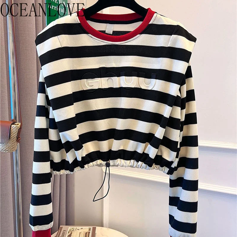 

Women Hoodies Striped Letters Short Spring Autumn Sweatshirts Korean ashion Contrast Color Loose Sudaderas Tops