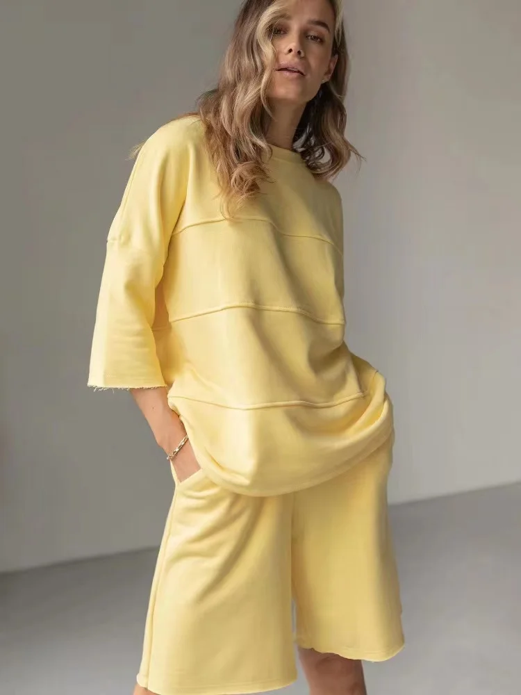 

Женский спортивный костюм из двух предметов, однотонная Повседневная футболка с рукавом до локтя и шорты с высокой талией, комплект из 2023 хлопка, лето 100%