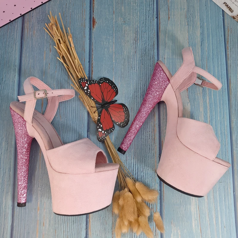 Leecabe Pink/Blue Suede Covered high heel sandals sexy high heels sparkling glitter sexy pole dance shoes