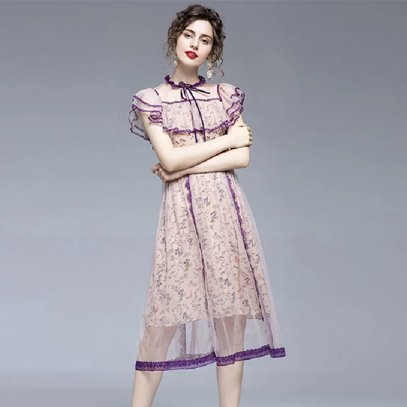 

Женское платье с оборками на рукавах, фиолетовое платье средней длины с высокой талией и сетчатыми вставками