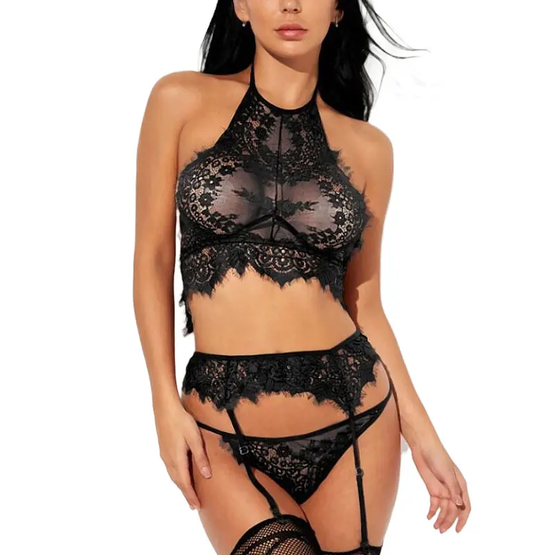 

Sexy Bandage Bra Brief Set And Garter Lingerie For Women Sleepwear Lace Sexy Lingerie Set Erotic Underwear White Black Wine Red