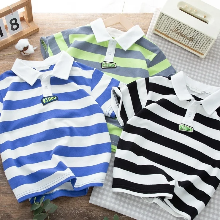 

Boys' Striped Short-Sleeved Polo Shirt 2023 Summer New Medium and Big Children Lapel Tops All-Match Bottoming Shirt