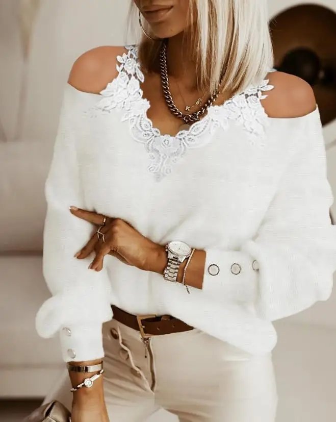 

Contrast Lace Cold Shoulder Top Women Outfits 2023 Summer Casual Daily Contrast Lace Cold Shoulder Flowy Half Sleeve Top