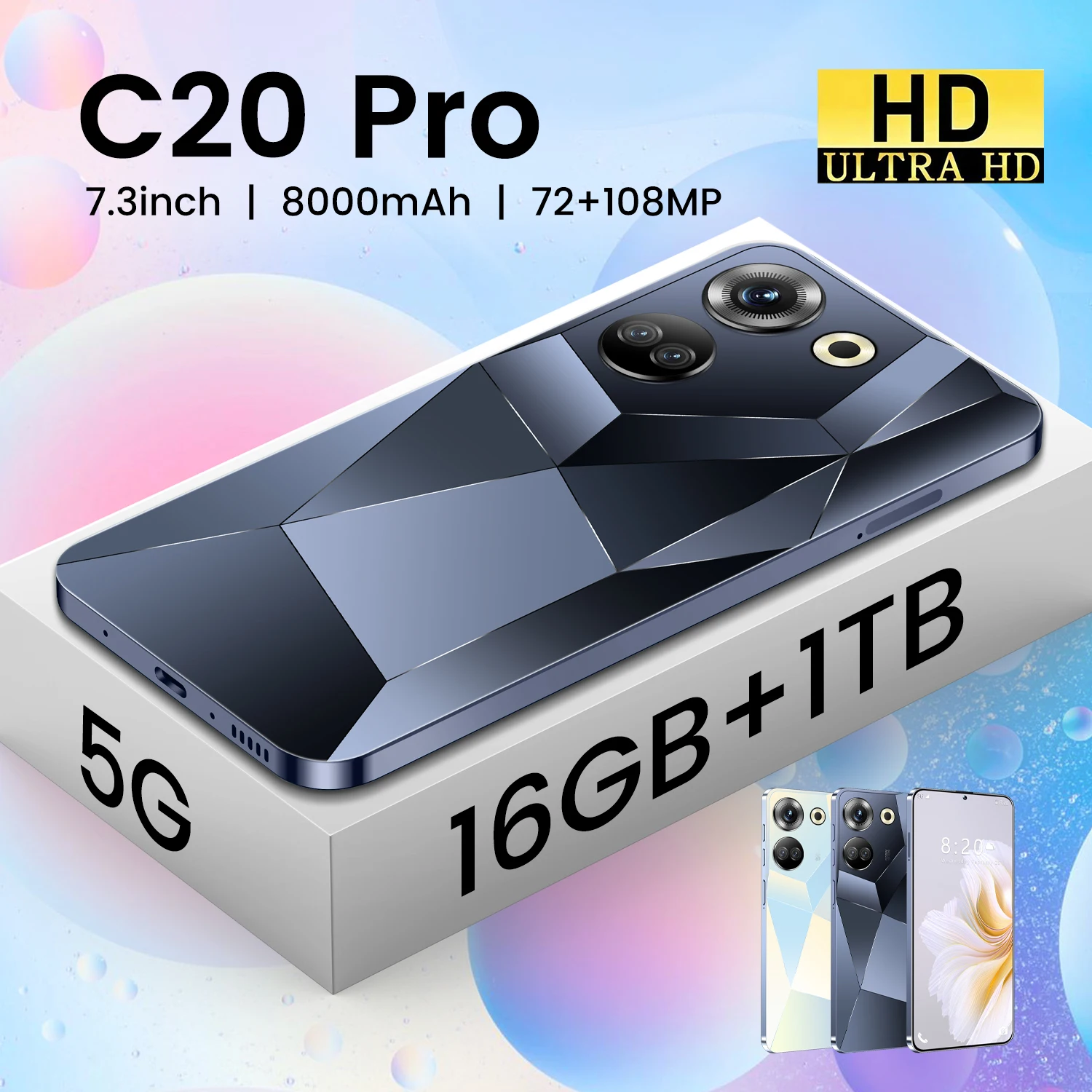 

Оригинальный смартфон C20 Pro, телефон с диагональю 7,3 дюйма, разблокированный телефон, 16 ГБ + 1 ТБ, 4G, две SIM-карты, мобильные телефоны 72 + 108 МП, сотовый телефон HD