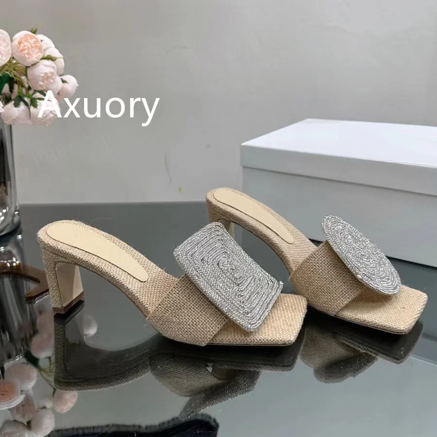 2023 New Women Sandals Genuine Leather Thick Heel Sexy Water Diamond Hollow Strap Square Toe High Heels