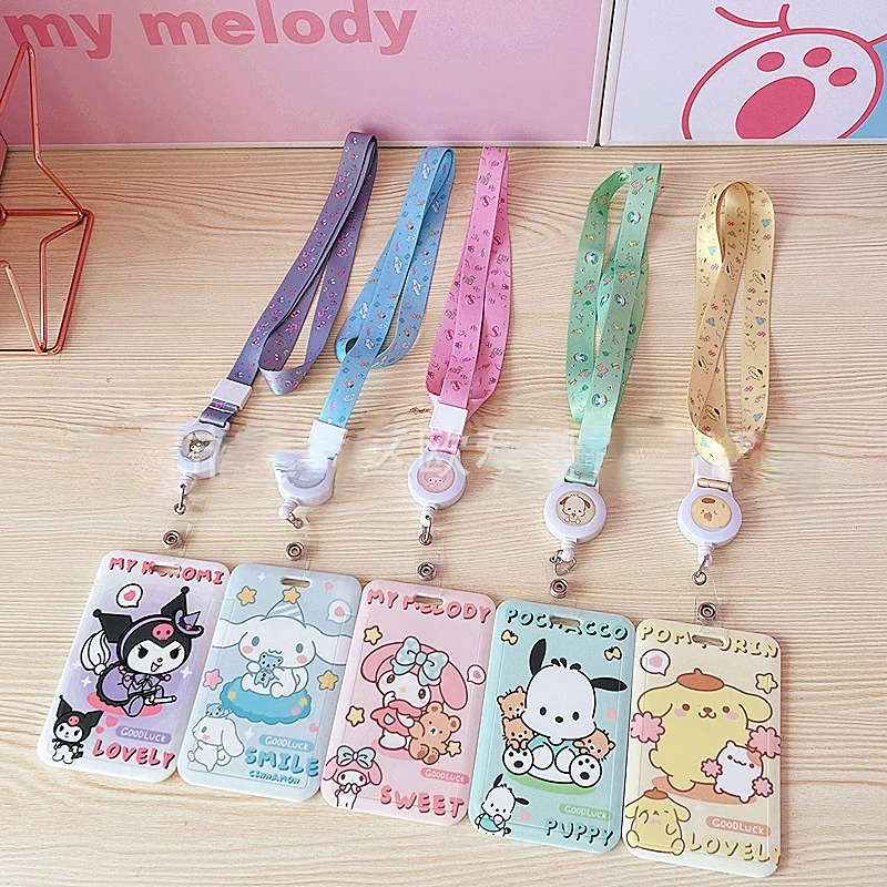 

Kawaii Sanrio Cinnamoroll My Melody Anime Keychain Pendant Pompom Purin Cute Card Holder Plastic Lanyard Card Holders for Girl