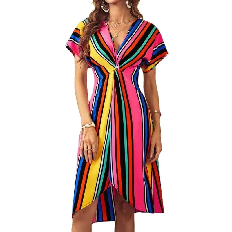 Летнее женское сексуальное платье с v-образным вырезом и завязками красочная