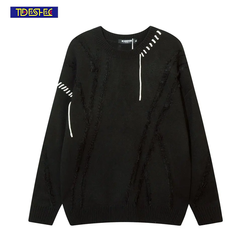 

Вязаный свитер в стиле хип-хоп, модель 2022 года, винтажный индивидуальный дизайнерский свитер с шовным узором, теплые пуловеры оверсайз в сти...