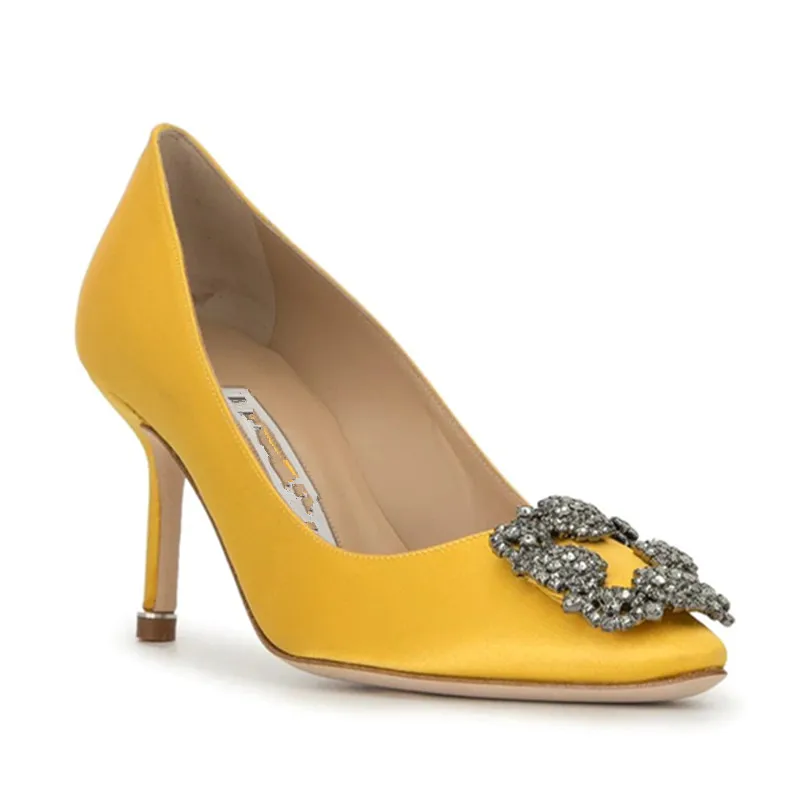 Pointed Women's Single Shoes 2023 Spring/Summer New High Heel Banquet Water Diamond Square Buckle Thin Heel Shallow Mouth Shoes