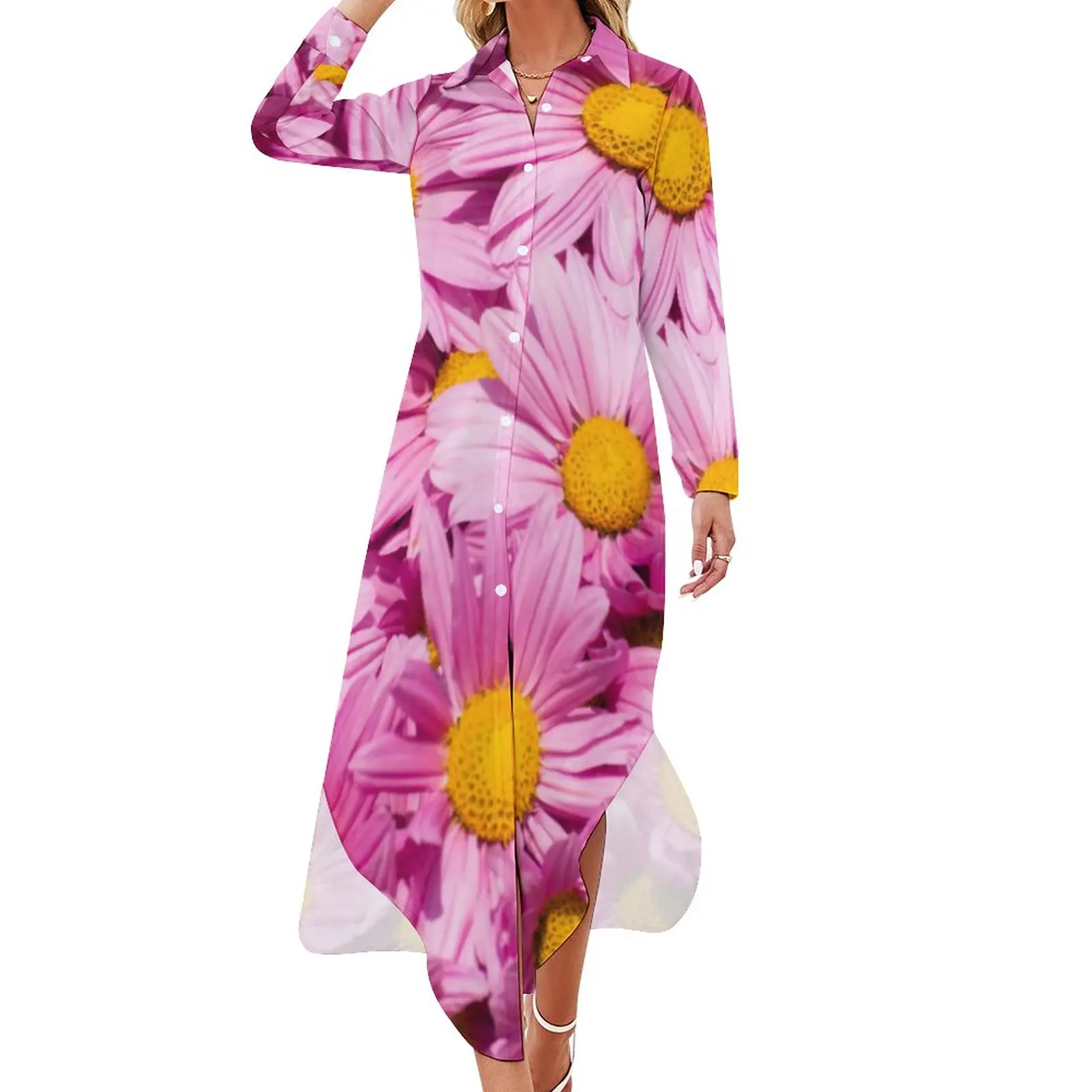 

Pink Daisy Print Chiffon Dress Beauty Floral Trendy Dresses Street Fashion Casual Dress Woman Sexy Custom Clothes Large Size