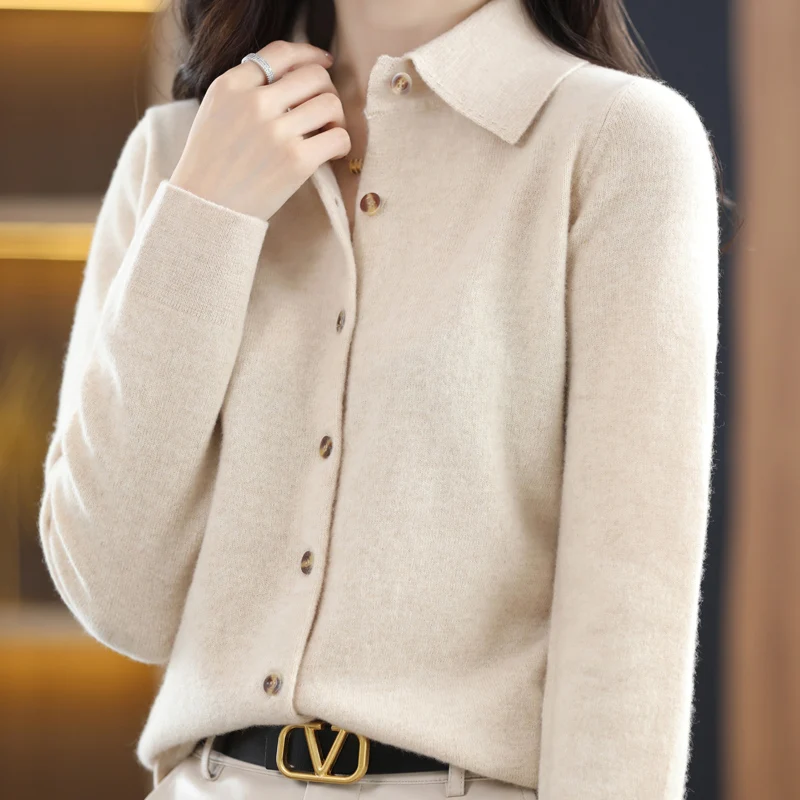 

Женский трикотажный кардиган с отложным воротником, Повседневная однотонная кашемировая рубашка с длинным рукавом, 100% шерсть, в Корейском стиле