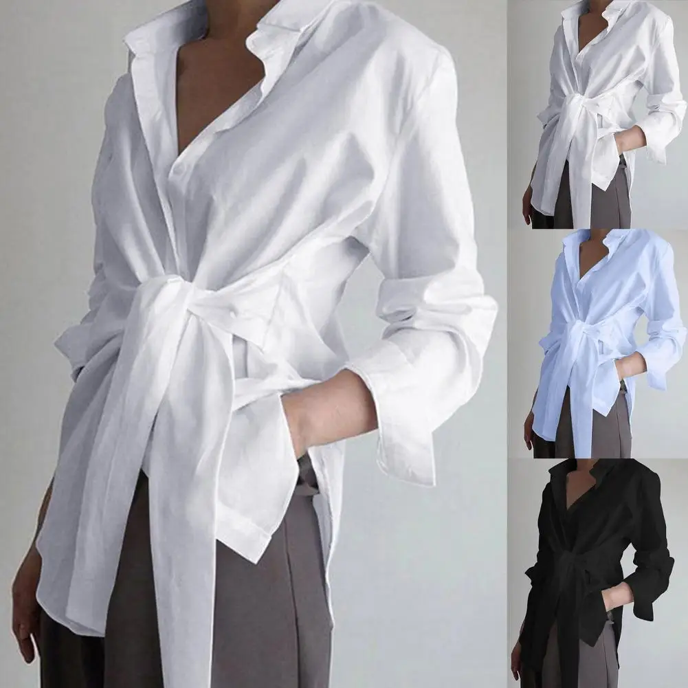 

Women Shirt All-matched Undetachable Belt Ruffle Casual Long Sleeve Women Lapel Shirt for Female