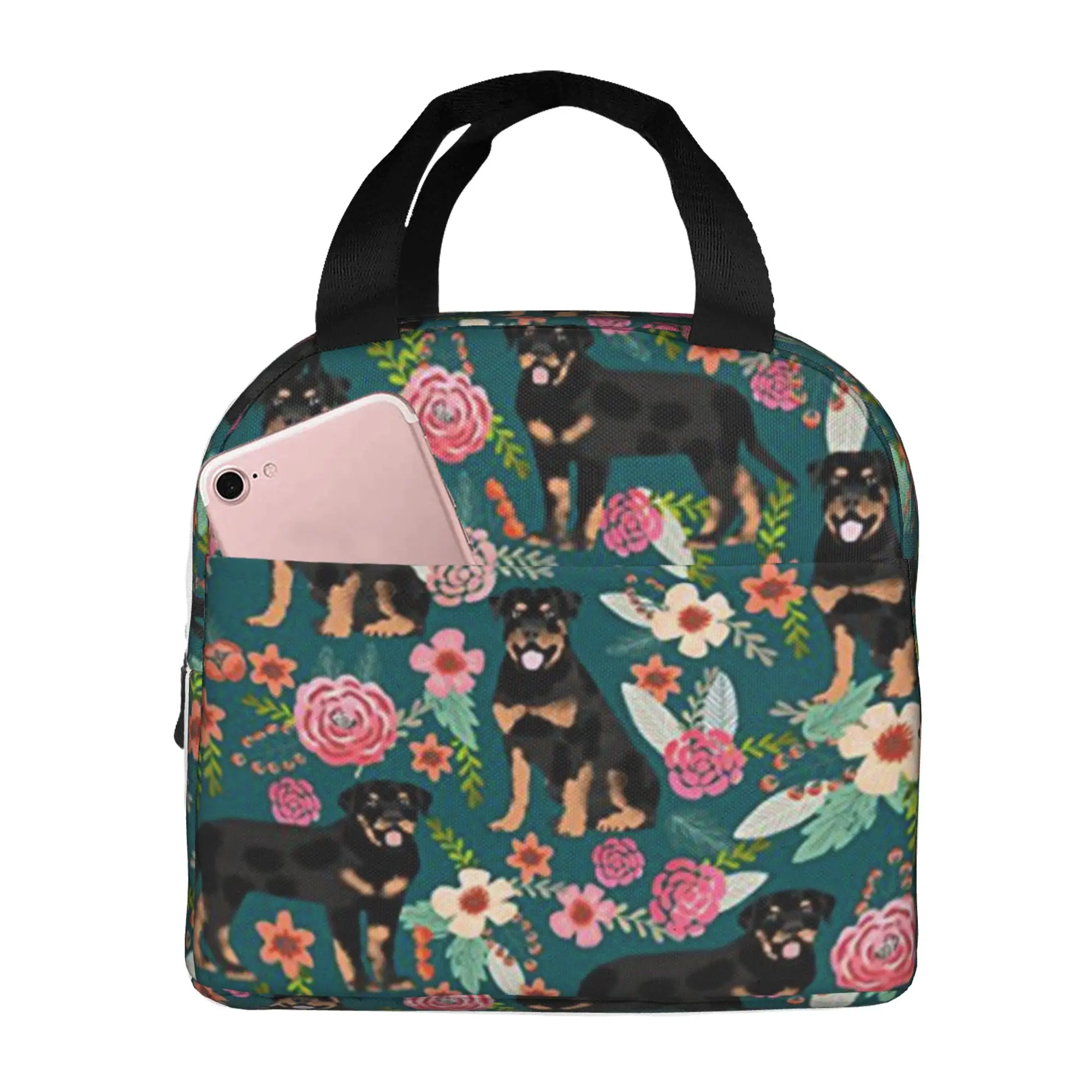 

Rottweiler Цветочная сумка для ланча для собак, изолированная многофункциональная сумка-тоут для ланча, многоразовая Термосумка-холодильник