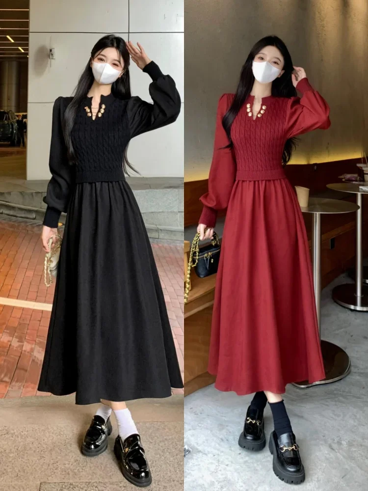 

Весенне-осенние модные большие ярды в длинном Корейском ретро-стиле темпераментные тонкие вязаные свободные платья из двух частей
