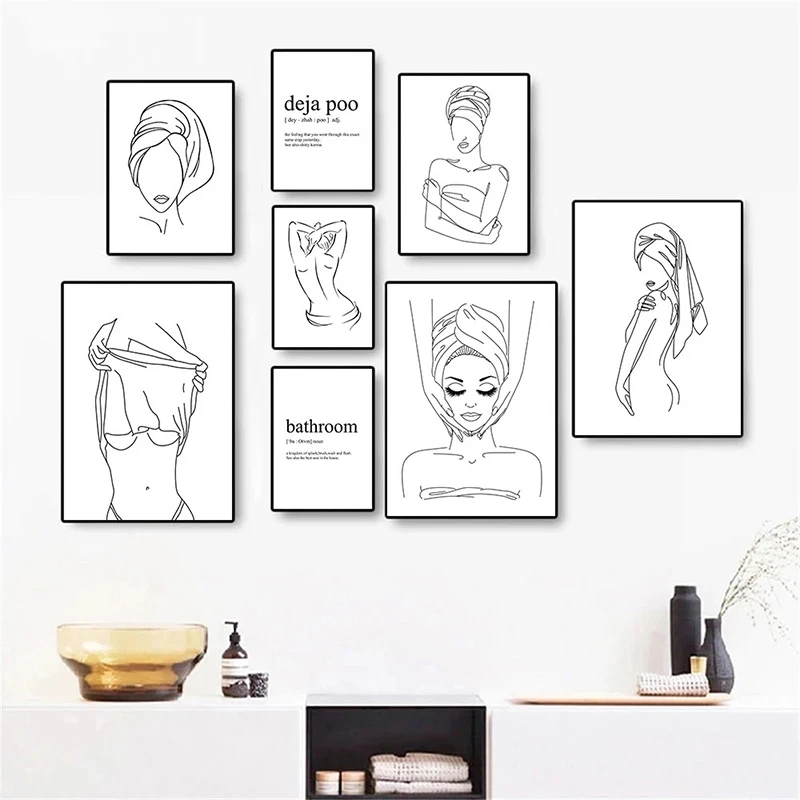 

Spanish Deja Poo Quotes Print Sexy Woman Line Drawing Posters Bathroom Wall Art Canvas Painting Pictures Toilet WC Home Decor