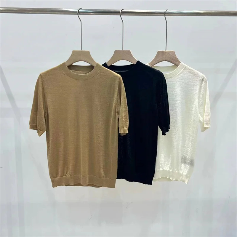 

Free Shipping 2023 Spring Summer New Women's Classic All-match Solid Color 100% Wool Round Neck Knitted Short-sleeved T-shirts