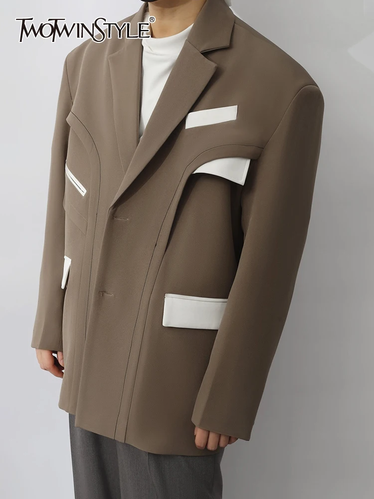 

TWOTWINSTYLE Hit Color Patchwork Single Button Blazers For Women Notched Collar Long Sleeve Spliced Zippers Blazer Female New