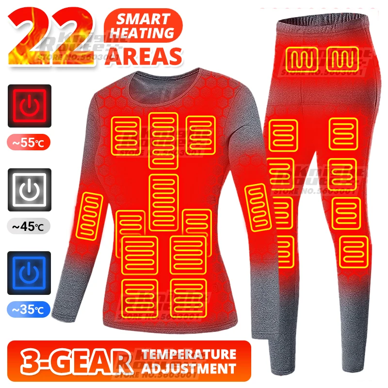 

22 Areas Heated Jacket Men Thermal Underwear USB Electric Ski Suit Heated Vest Heating Clothing Winter Warm Fleece Long Johns