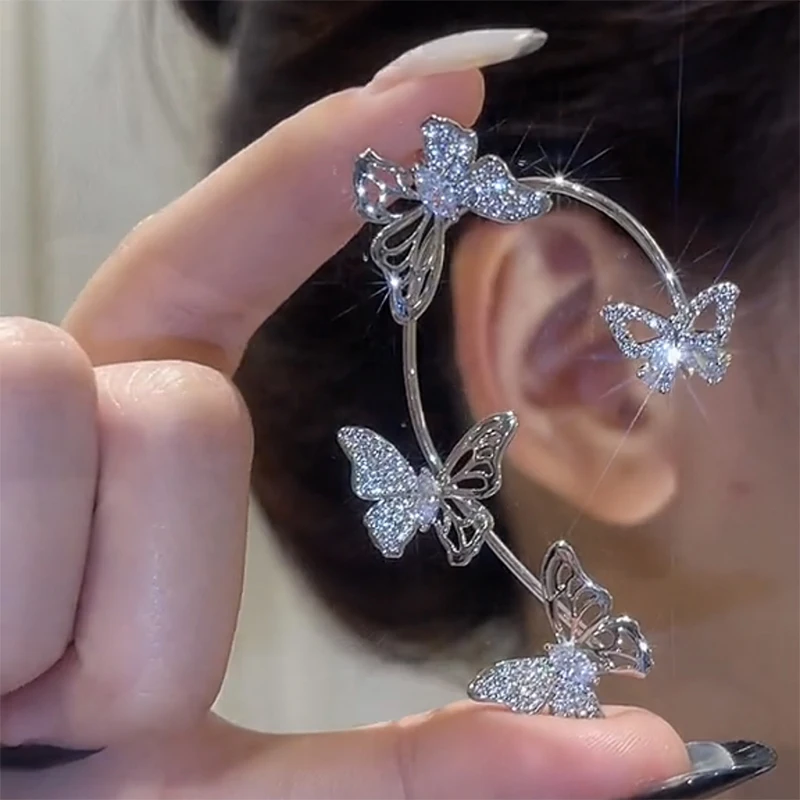 

KISSWIFE Trend Shiny Butterfly Crystal Ear Clip For Women Silver Color Zircon C-Shape No Ear Piercing Earrings Wedding Jewelry