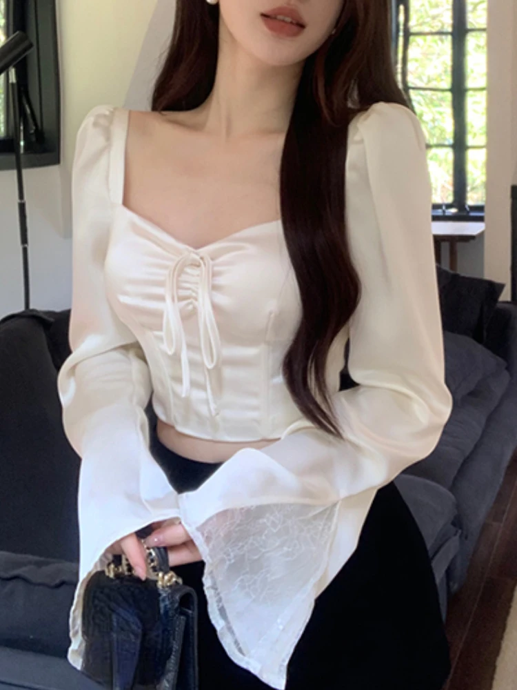 

Patchwork Lace French Elegant Blouse Women Flare Sleeve Korean Sweet Shirts Female Bandage Designer Casual Clothes 2023 Autumn