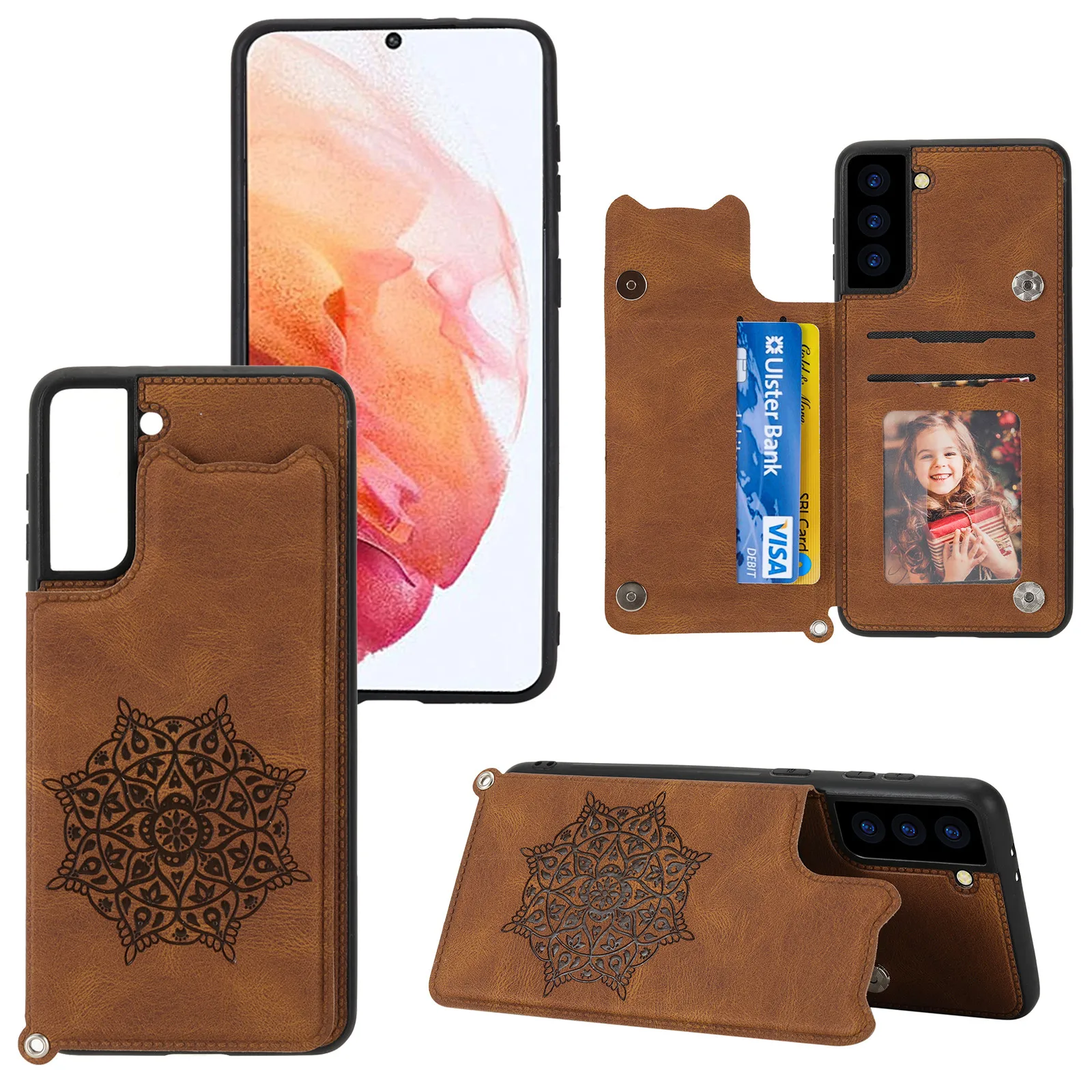 

Mandala Luxury Leather Flip Case For Samsung s21 s21plus s21ultra s21FE Card Slots Flip Cover For s30 s30plus Wallet Cover Bag