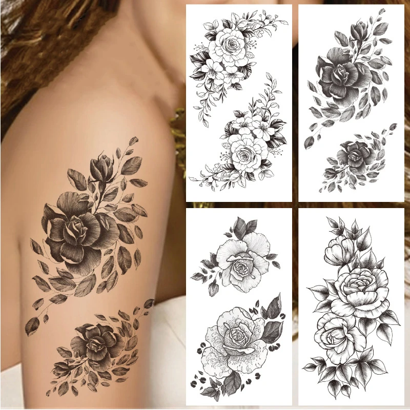 Body art tattoo sexy personality black sketch flower big picture flower arm female temporary waterproof and sweatproof tattoo