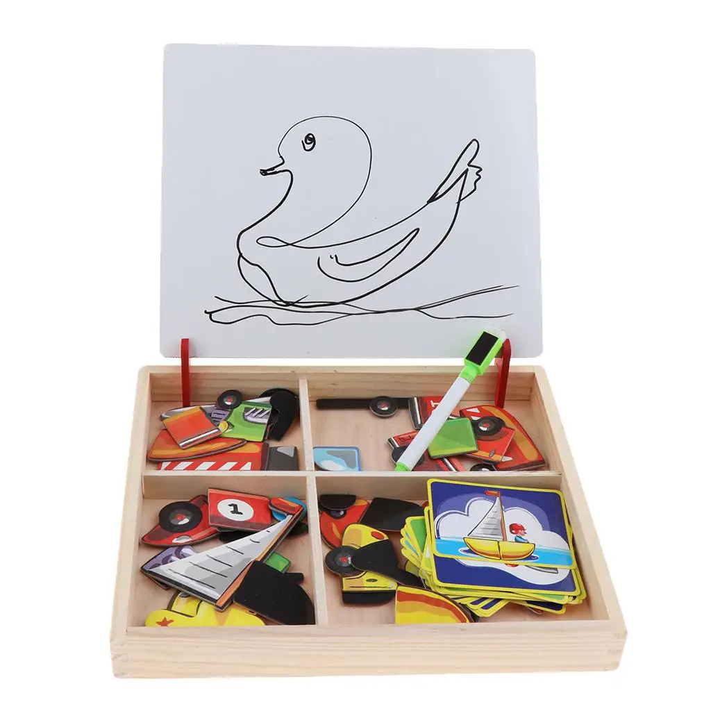 

Wooden Puzzle Games,Double Side Jigsaw &Drawing Sketchpad Writing Board Chalkboard Educational Toys for Kids