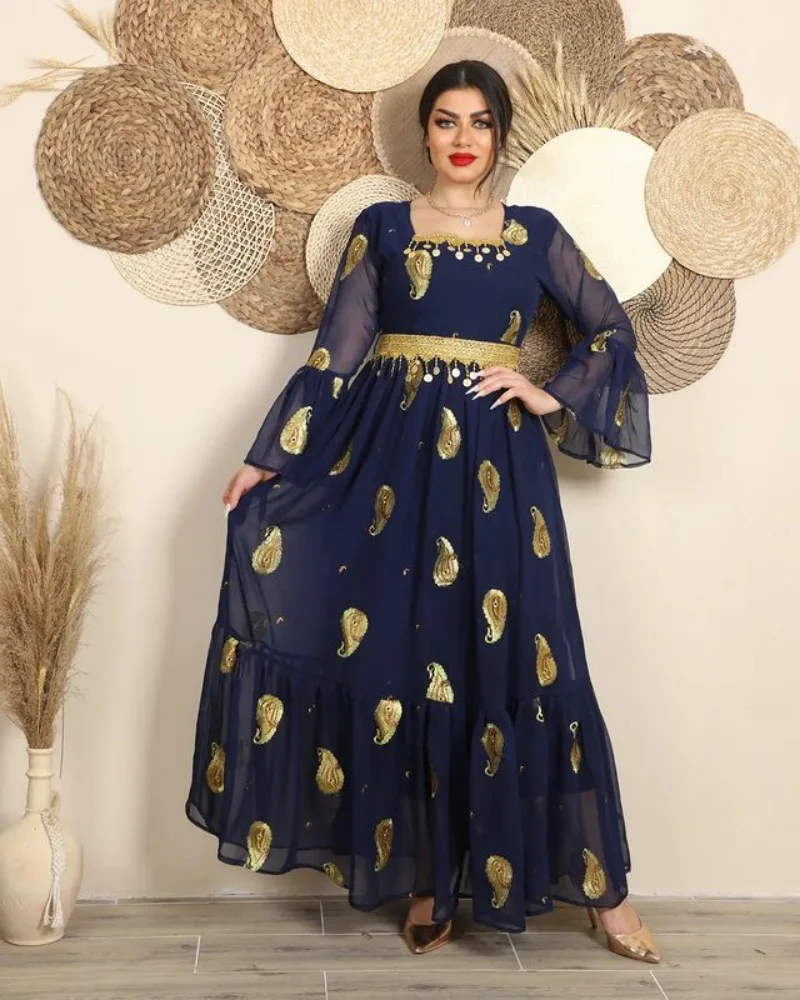 

Y2k Spring Chiffon Embroidered Band Belt Dress Summer Women's Clothing Sexy Long Maxi Loose Muslim Abaya Long Sleeve Robe платье