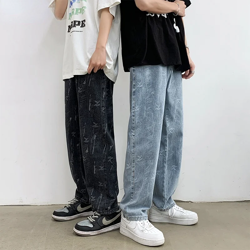 

Jeans Men Design Print Mid Waist Oversize Baggy Jean Streetwear Zipper Fly Straight Denim Trousers Hip Hop Retro Teens